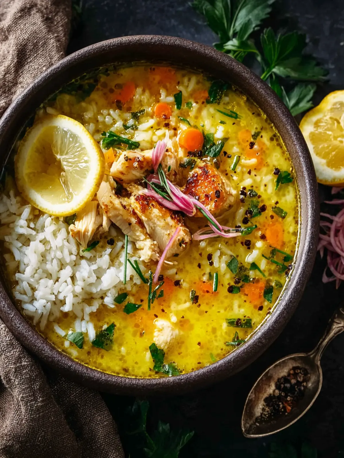 Lemon Ginger Turmeric Chicken and Rice Soup First Image